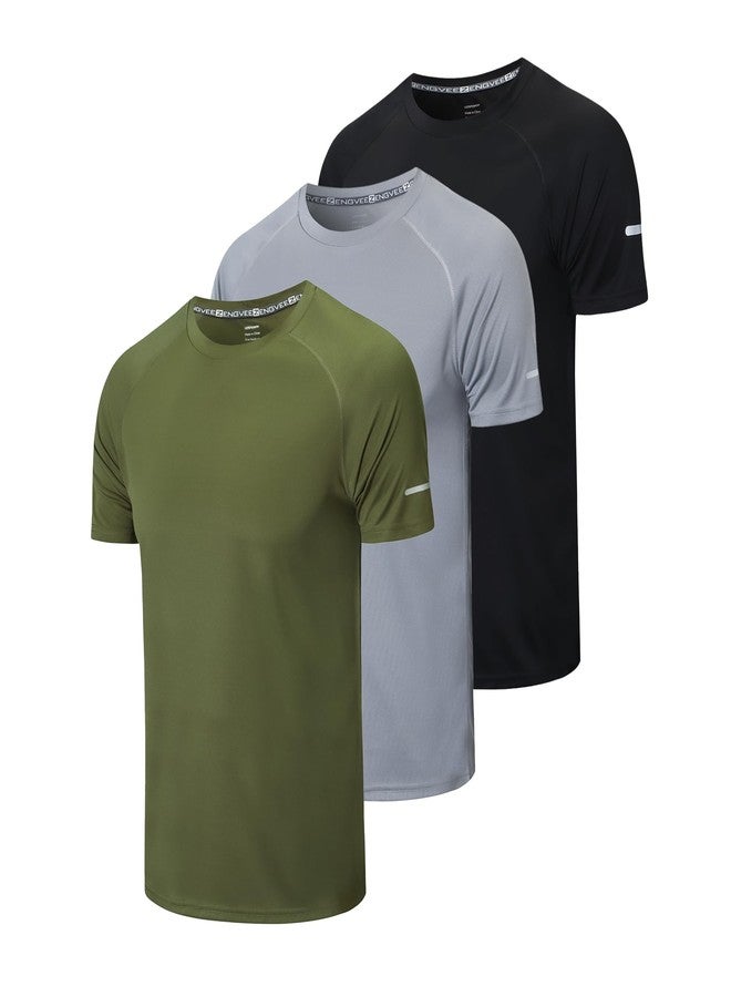 frueo Men's 3 Pack Running Shirts Quick Dry Moisture Wicking Short Sleeve Mesh Workout Training T-Shirts,Black Gray Green,XL - Image 1